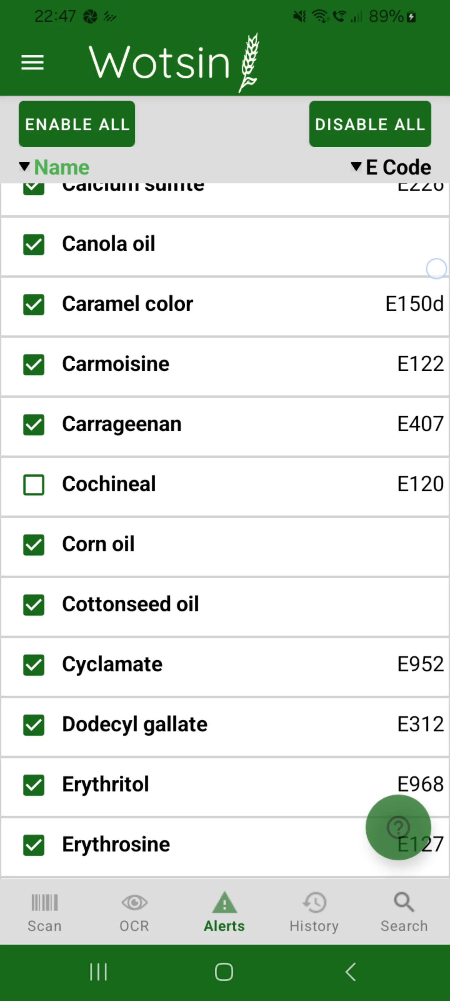 Wotsin configurable alerts selection screen