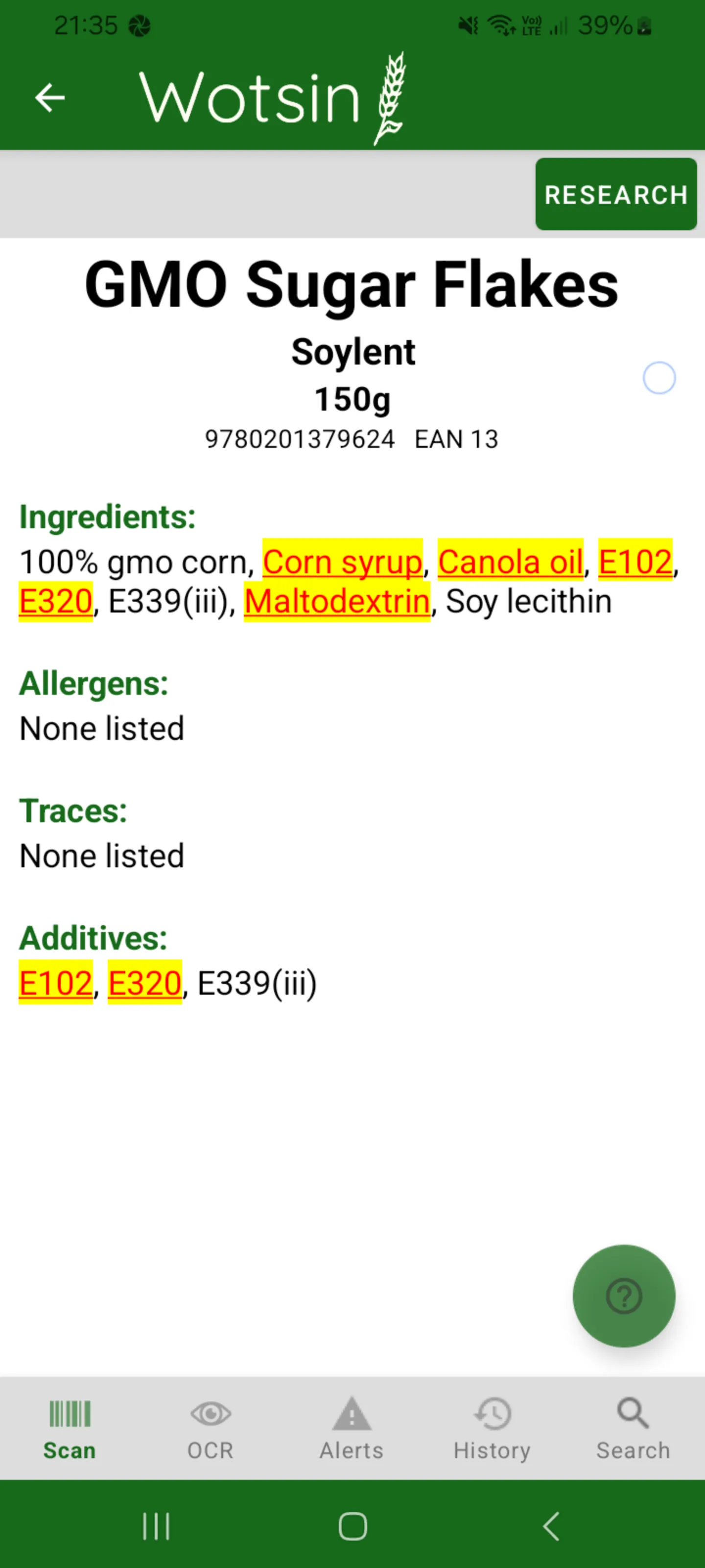 Wotsin barcode scan results highlighting selected ingredients