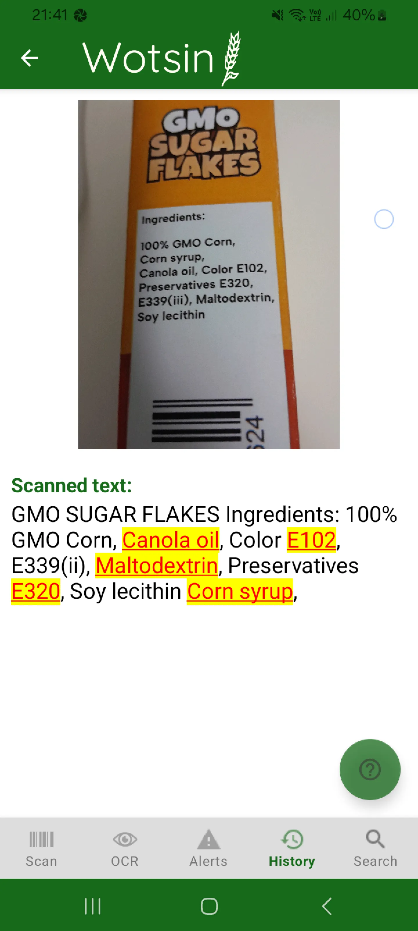 Wotsin OCR results highlighting selected substances
